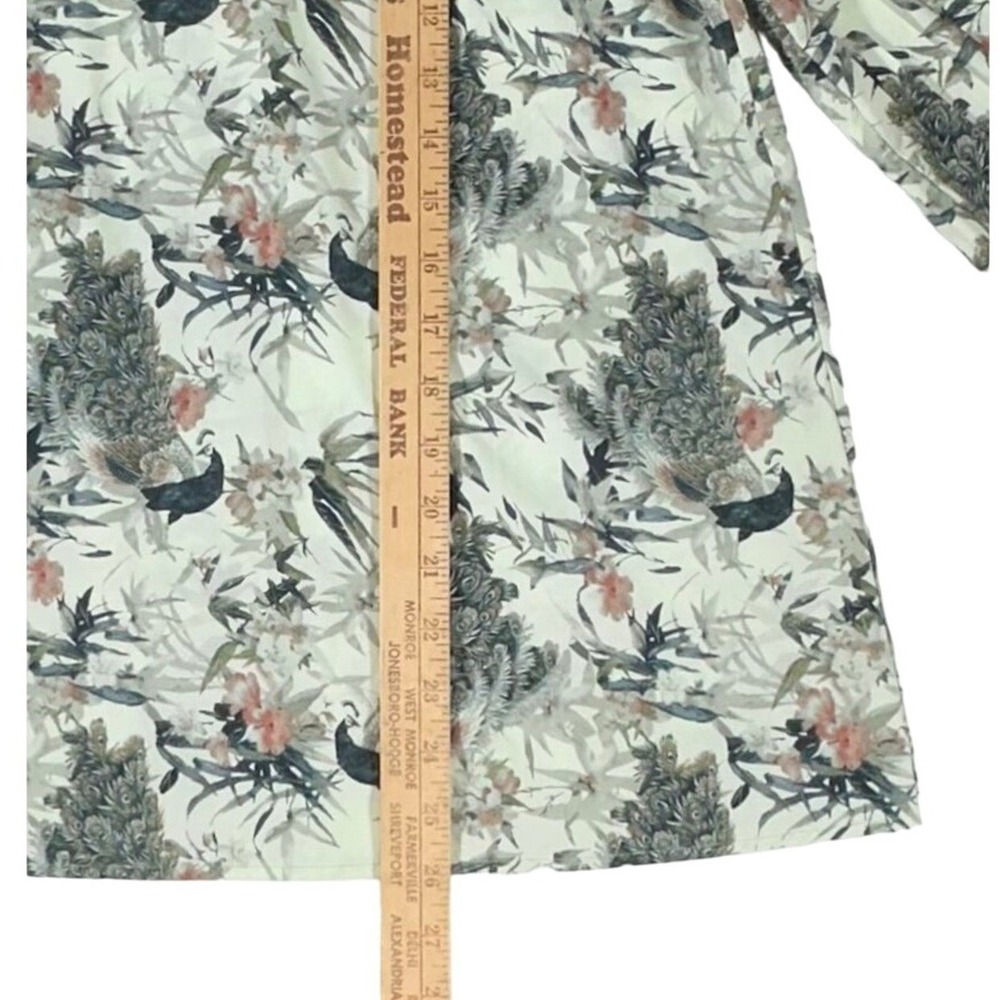 World Market Blouse L/XL Mint Green Peacock Bird Floral Pleated 3/4 Sleeve - Picture 7 of 8